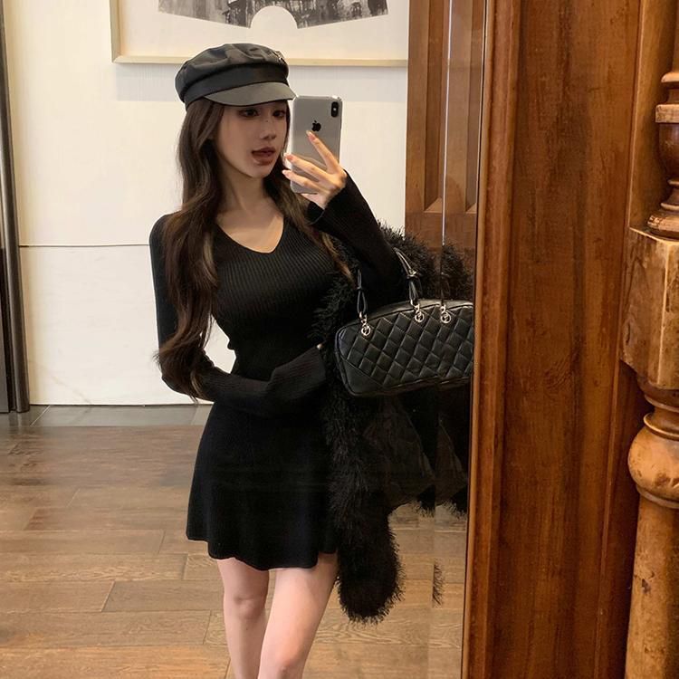御姐风气质针织连衣裙女秋季长袖收腰显瘦v领裙子修身弹力a字短裙|undefined