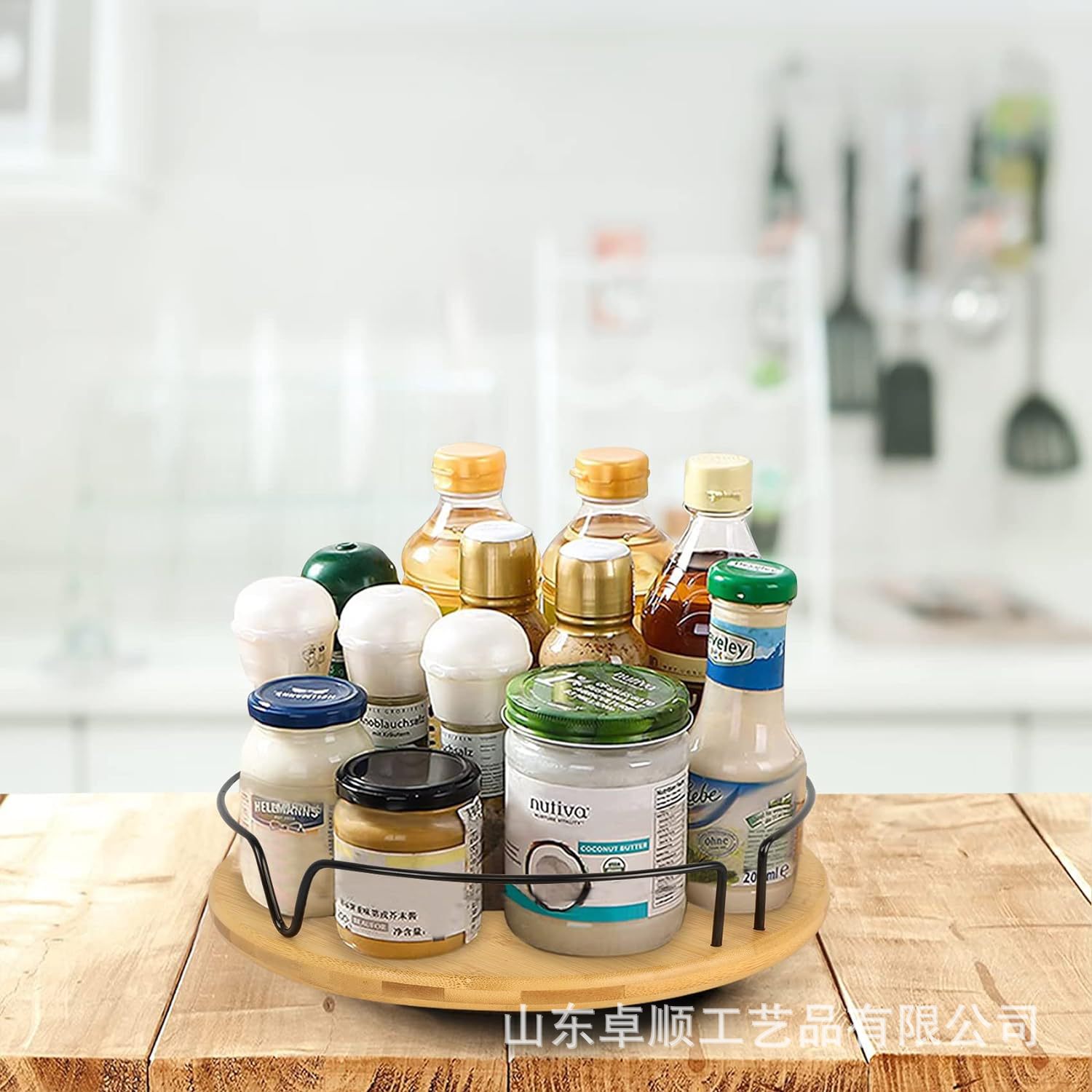 Customized kitchen spice rack with rotatable and adjustable spice bottles, wooden iron art and round solid wood storage rack