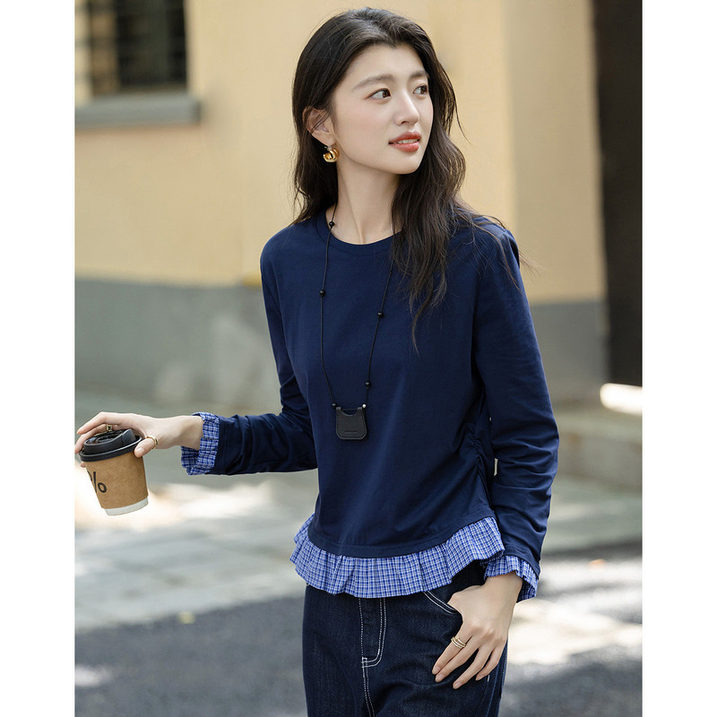 Comfortable Cotton and Ammonia Autum Cloud-Like Touch Round Neck Plaid Splicing Design Elegant Petite Women's T-Shirt Comfortable Cotton and Ammonia Autum Cloud-Like Touch Round Neck Plaid Splicing Design Elegant Petite Women's T-Shirt