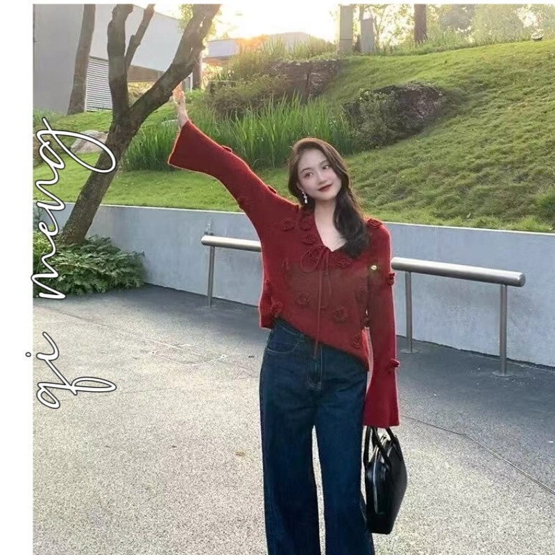 French V-Neck Stereo Crochet Chic Knitwear New Christmas Red High-End Gentle Style