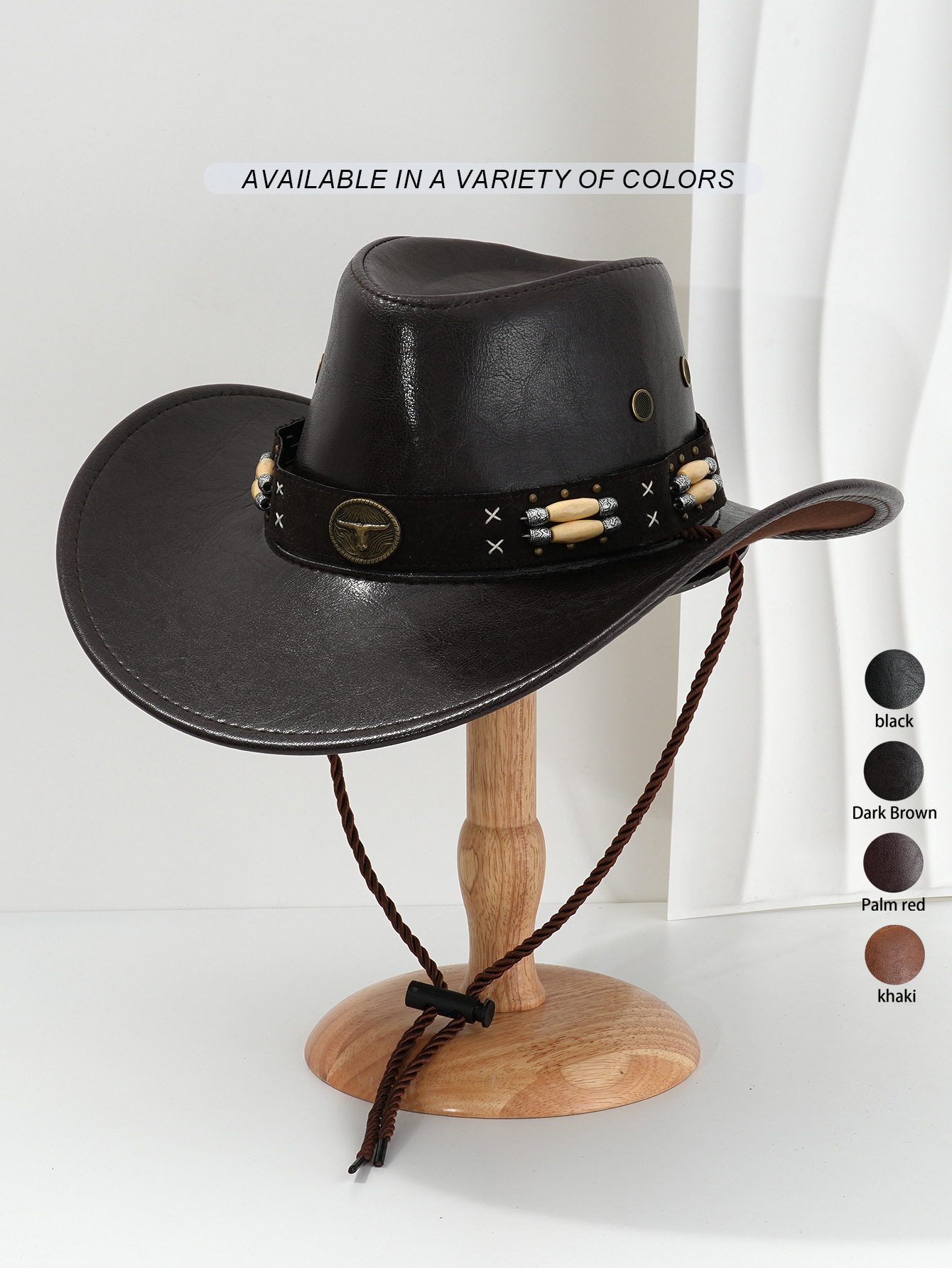 Retro Western Cowboy Hat For Men Pu Leather With Metal Beading_voghion.com