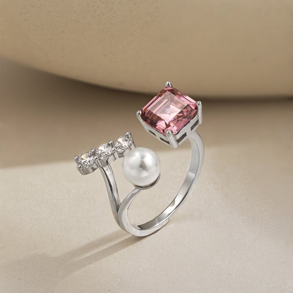 Fashion Geometric Sterling Silver Inlay Artificial Pearls Zircon Open Ring 1 Piece
