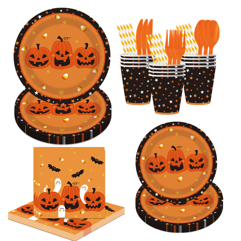 ハロウィンカボチャゴーストパーティー食器使い捨て用品ティッシュペーパートレイプラスチックカトラリーパーティーセット卸売|undefined
