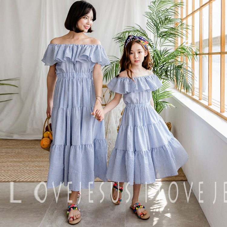 2025 Girls' Dress Summer Korean Style Children's Clothing Pure Cotton Striped Beach Dress for Older Children Off-Shoulder Flared Dress Parent-Child Matching