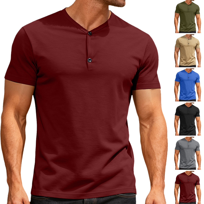 2025 TEMU transfronterizo hombre europeo y americano color sólido cuello V transpirable sudor deportivo casual ligero camiseta de manga corta regular