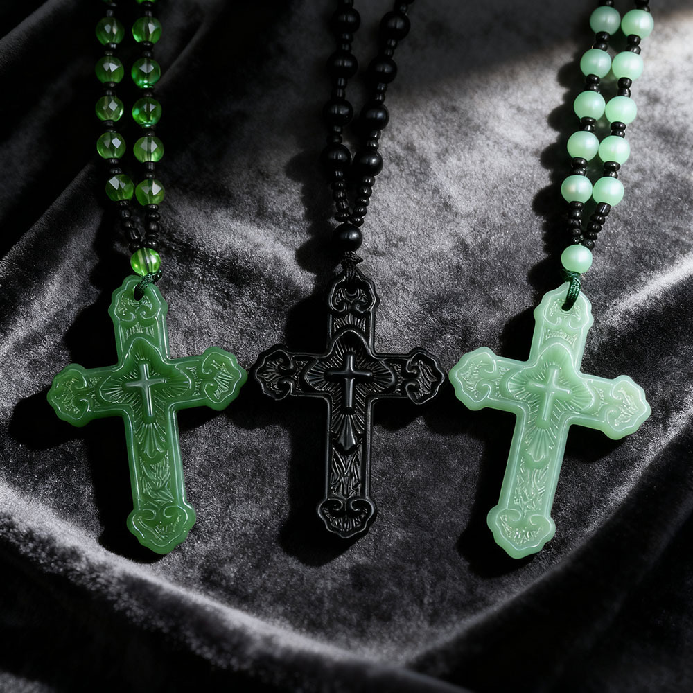 跨境热销十字架吊坠项链仿玉石挂件项饰毛衣链直播感恩节礼品批发
