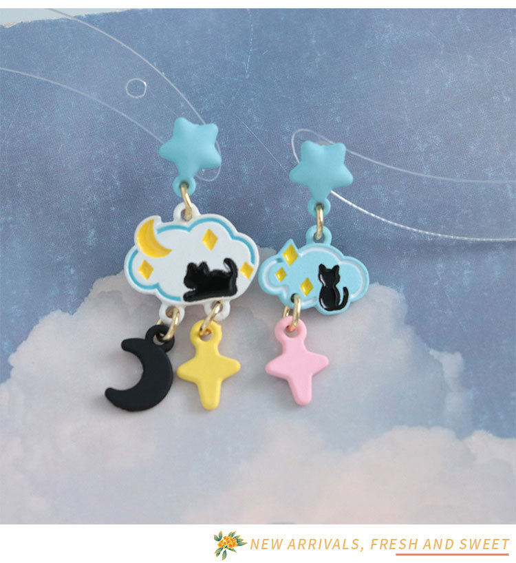 IG Style Cute Clouds Star Cat Alloy Asymmetrical Women's Drop Earrings 1 Pair display picture 2