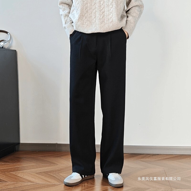 Belt-Free Design Black Straight-Leg Woolen Casual Pants Versatile Men's Slim-Fit Slimming Suit Trousers High-Waisted
