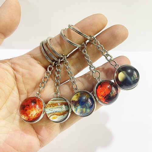 Luminous cosmic planet keychain solar system earth pendant galaxy nebula double-sided glass ball key chain gift
