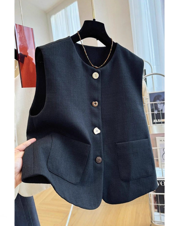 Áo vest nữ không tay dáng gile cổ tròn phối lớp phong cách Pháp — đen, Màu trắng nhạt