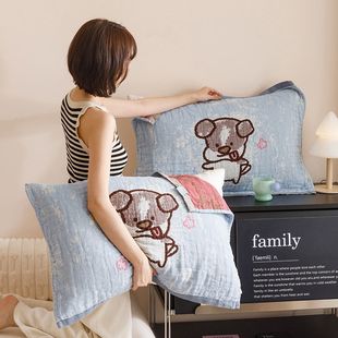 Pure Cotton Pillow Cover, Pure Cotton Pair, Cartoon Cat, Soft, Breathable, Anti-Head Oil, Four-Layer Gauze Pillow Cover, Home Use