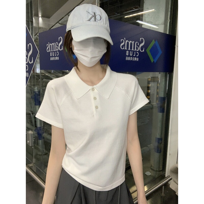 Button Polo Collar Versatile College Style Soft Top for Women, New Summer Niche Raglan Short Sleeve Knit T-Shirt