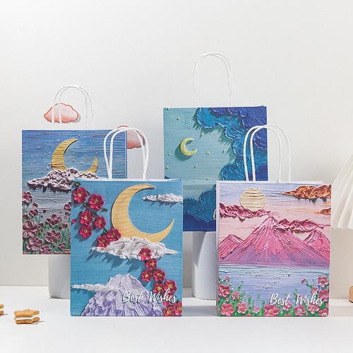 Creative oil painting gift bag, literary handbag, festive and exquisite men's and women's birthday bouquet packaging, gift paper bag