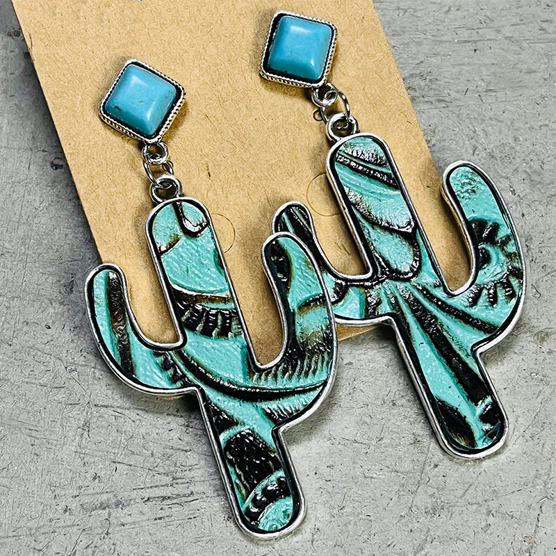Retro Cactus Alloy Inlay Turquoise Women's Drop Earrings 1 Pair display picture 2