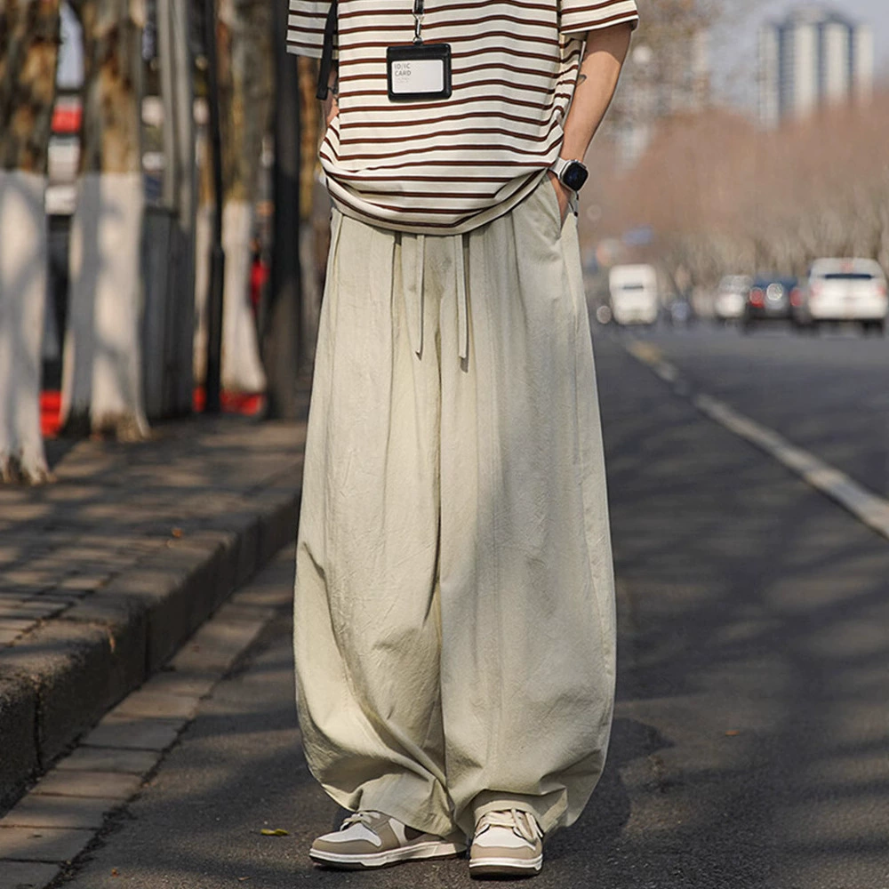 Абрикосовые льняные брюки, мужские летние тонкие свободные прямые повседневные брюки в ленивом стиле, модные широкие брюки из хлопка и льна