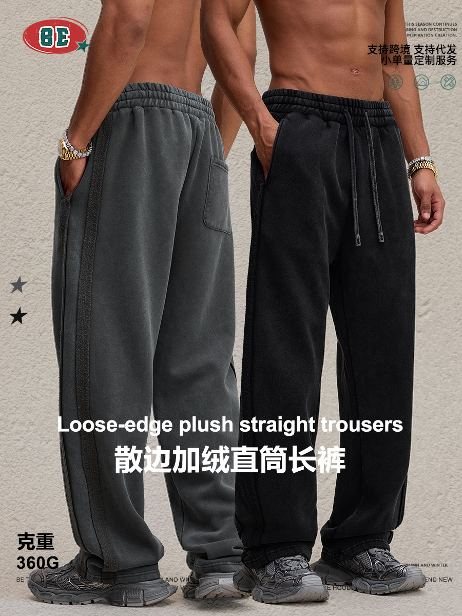 BE Pantalones deportivos informales holgados de pierna recta con forro polar y borde deshilachado para hombre, marca europea y americana de moda, estilo urbano, con diseño de copo de nieve, 2025
