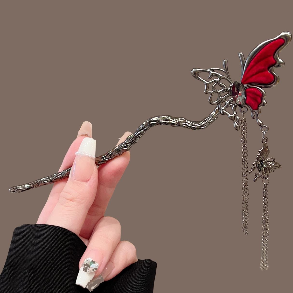 Gun black half-face flocked butterfly tassel hairpin