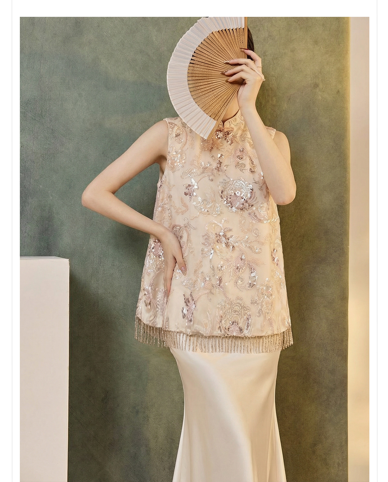 Áo gile nữ thêu sequin tua rua phong cách tân cổ điển xuân hè — xanh lam, màu mơ chi tiết 5