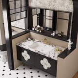 Французский в стиле ретро, шкаф для ванной комнаты, расписанная фарфоровое интегрированное бассейн, украшение оболочки, дубовая панель с четырьмя листьями, шкаф для ванной комнаты