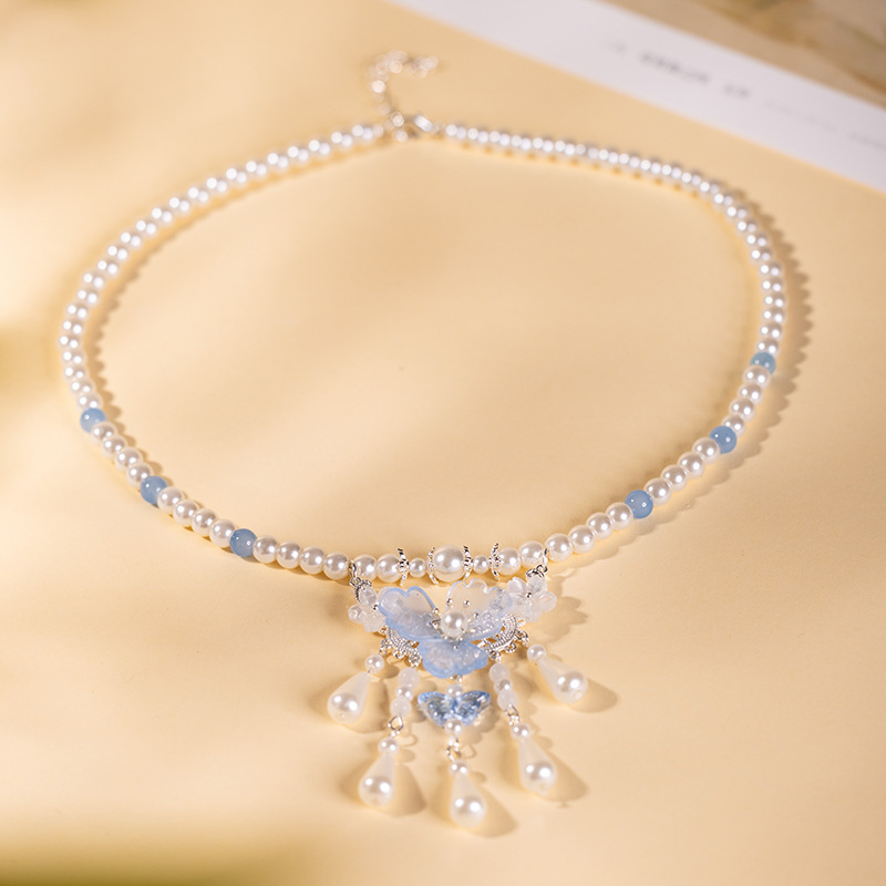 Ancient Style Ming-Style Soft Pearl Tassel Necklace Blue Hanfu Tang-Style坦领旗袍清冷感配饰 for Women