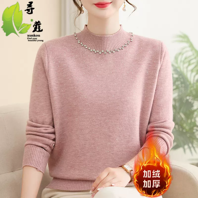 新款女装加绒保暖针织妈妈装上衣女洋气中老年人衣服大码40-60岁