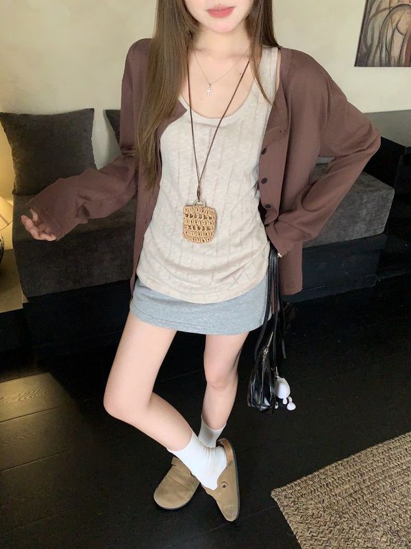 慵懒风套装设薄款长袖衬衫防晒衫女秋季内搭吊带背心松弛感两件套|undefined