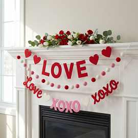 新款情人节毛毡LOVE爱心横幅拉旗XOXO装饰结婚订婚主题派对装饰