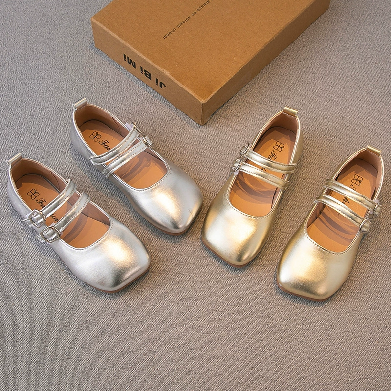Детская кожаная обувь 2024 Летняя мода для девочек Мягкая подошва параллельные полоски липучки минималистская принцесса