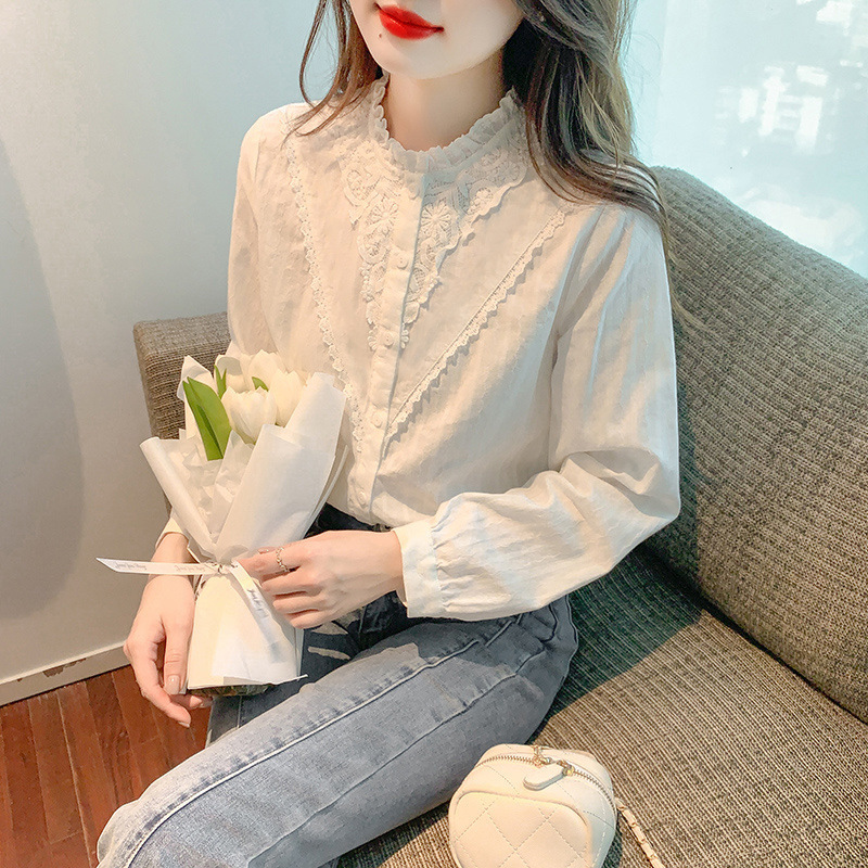 立领蕾丝边拼接棉布法式小衫上衣女2025秋冬新款洋气百搭衬衫女|undefined