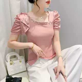 欧货设计感时尚不规则洋气钉钻短袖t恤小众泡泡袖褶皱女上衣