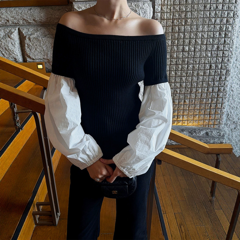 Shijian Women's One-Shoulder Off-Shoulder Knit Sweater 2026 Autumn Patchwork Puff Sleeve Slimming Contrast Color Long Sleeve Top 11608