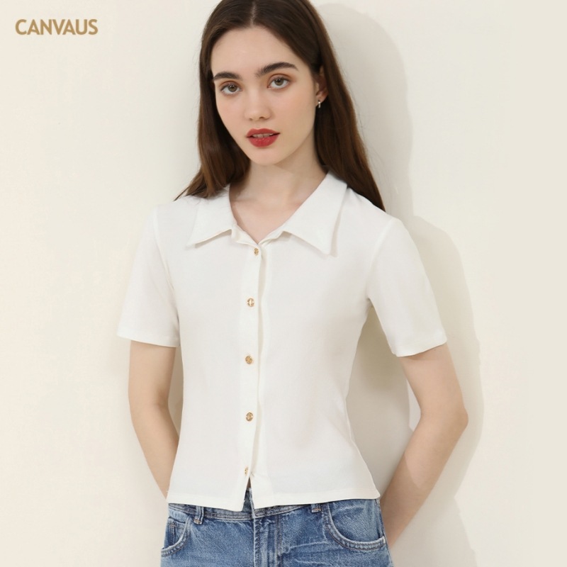 CANVAUS ropa de mujer nuevo color puro simple camisa de polo delgada de manga corta Camiseta de mujer BM estilo solapa adelgazar Top Ahora