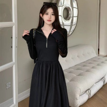秋季黑色长袖连衣裙女小个子长裙高级感2024新款女装套装春秋裙子