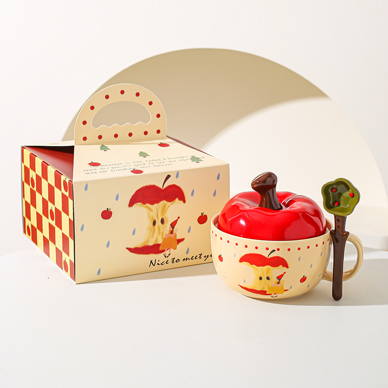 Tazón de cerámica de manzana creativo de alto valor de cara con cuchara de cubierta roja, tazón de fideos, regalo de Navidad para chicas.