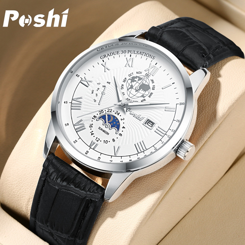 Poshi genuine men's classic business real leather belt quartz watch waterproof calendar fashion Men's sports watch wholesale
