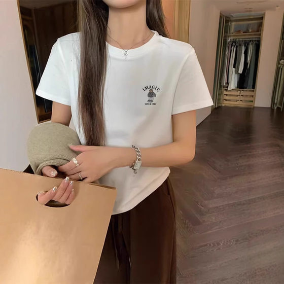 2025 New Shoulder Cotton Short-sleeved T-shirt Women's Fashion All-match Age-reducing Slimming White Top Basic Summer