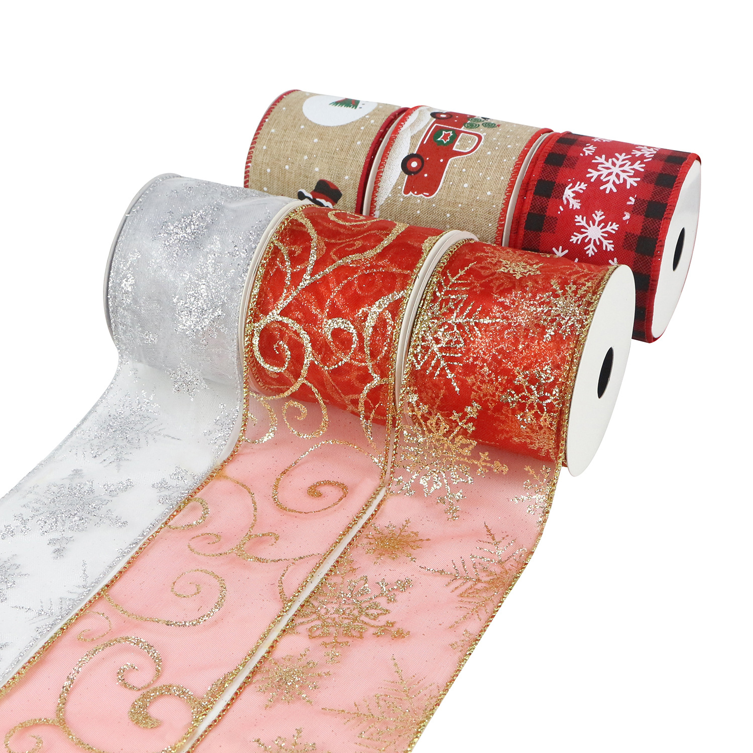 Wholesale Christmas Ribbon Imitation Iron Wire Edge Hook and Eye Net Mesh Lattice Christmas Decorative Bow Ribbon