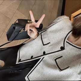 2023夏季轻奢圆领小香风短袖外套女小个子薄款西装上衣图片色氨纶