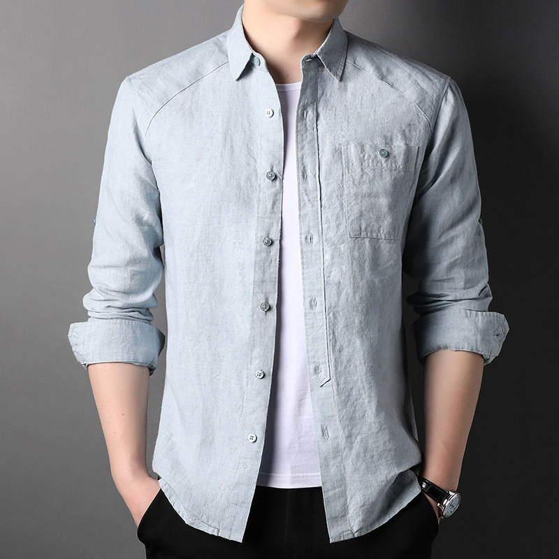 Pure Linen Cardigan Jacket Spring and Summer Men's New Long-Sleeved Shirt Chinese Style Casual Long-Sleeved Shirt Men's Clothing
