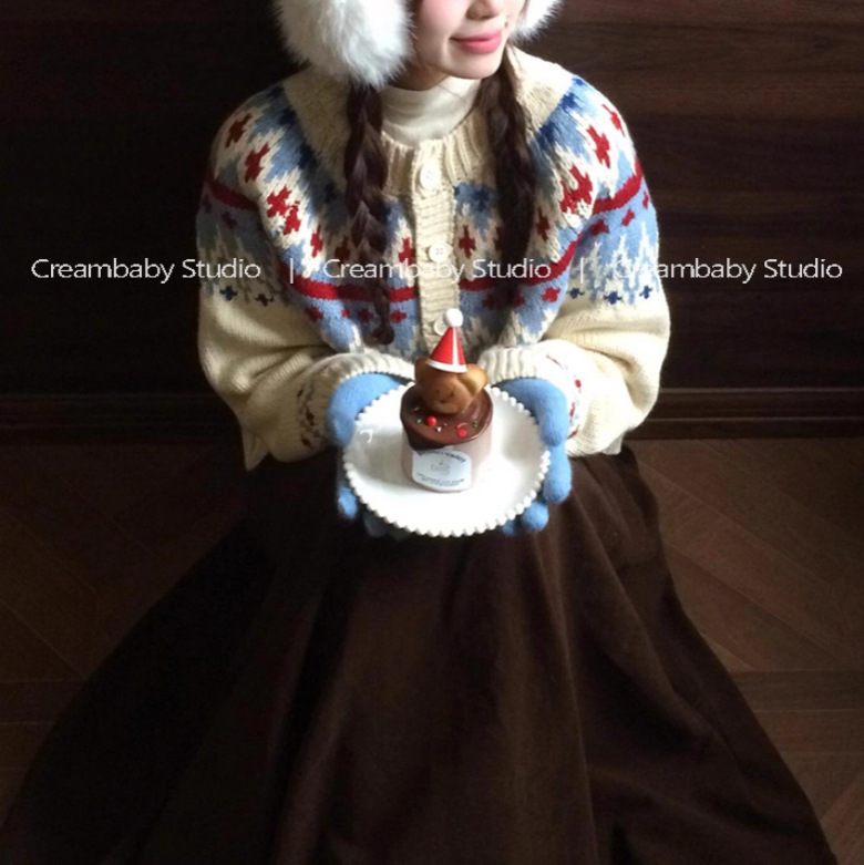 Creambaby Studio Winter Wear Fair Isle Jacquard Contrasting Christmas Sweater for Women in Autumn and Winter for Small People