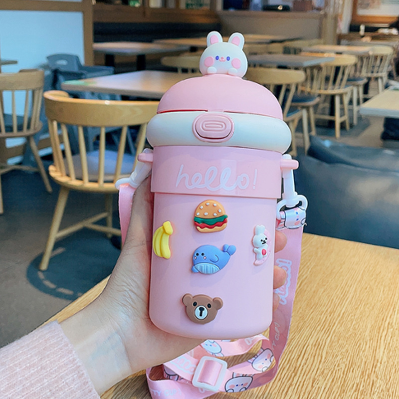 Botón rebote Taza de aislamiento de vidrio de doble capa anti-escaldado Taza de agua Linda etiqueta 3D correa de la Copa de paja taza portátil