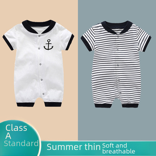 Summer Round-Neck Romper for Baby Boys, Navy Blue, New Design, Short-Sleeve Onesie—Class A Crawling Suit for Infants