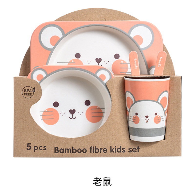 Juego de vajilla infantil creativo de fibra de bambú, juego de cinco piezas con plato dividido para alimentos complementarios, tazón de dibujos animados para bebés de jardín de infantes, venta al por mayor.
