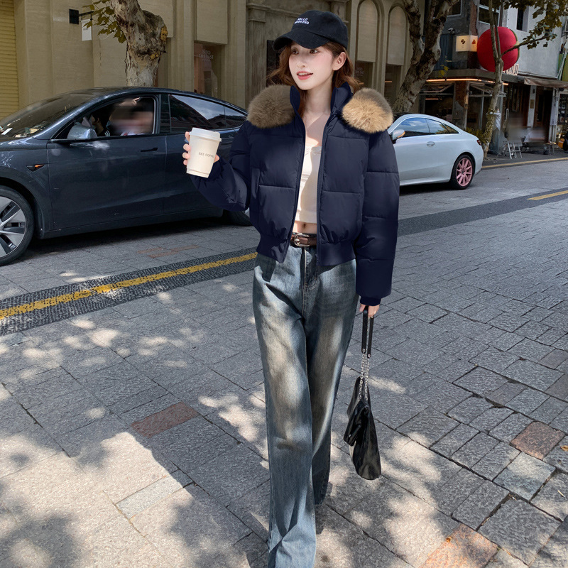 冬季女士超短款宽松大毛领加厚棉服欧美外贸新款棉衣2025冬季时尚