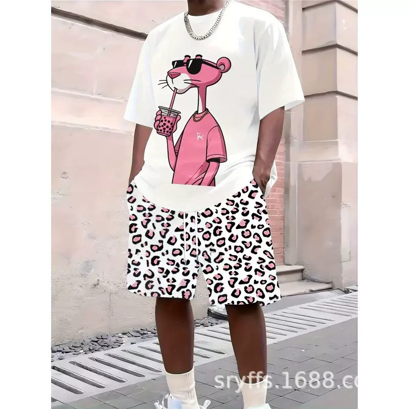 跨境男士卡通粉红豹印花短袖圆领T恤短裤宽松休闲运动套装厂家