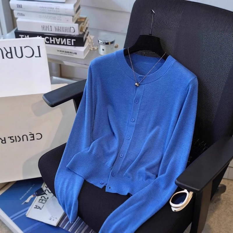 Klein Blue Elegant Round Neck Knitted Cardigan Women's Spring and Autumn Vintage High-end Short Sweater Jacket Base Top
