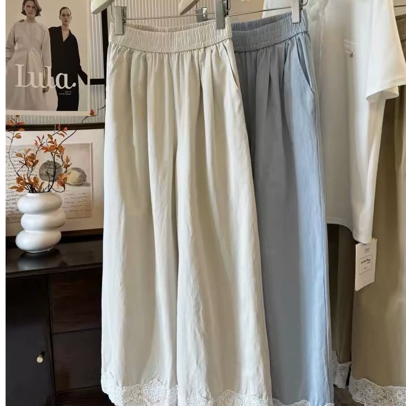 Широкие повседневные брюки с кружевными вставками в корейском стиле, весна-лето 2025, высокая талия, утягивающие, модные, длинные, для женщин.