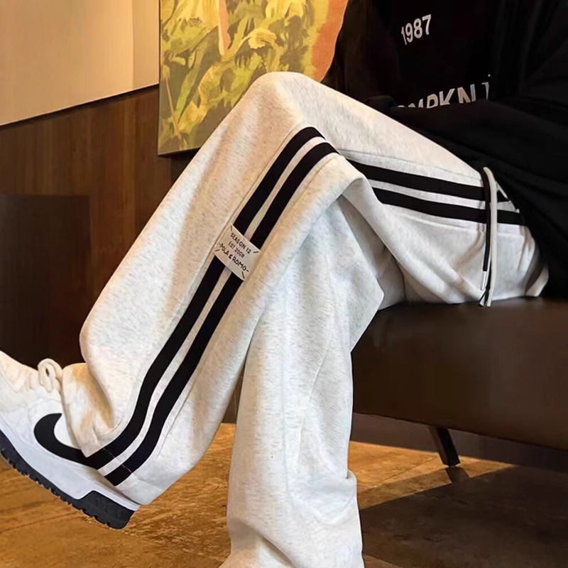 Cross-Border Straight-Leg Casual Sweatpants for Men, Spring and Autumn, Loose Trendy Hong Kong Style, Drapey Wide-Leg Pants, Striped Versatile Sports Pants
