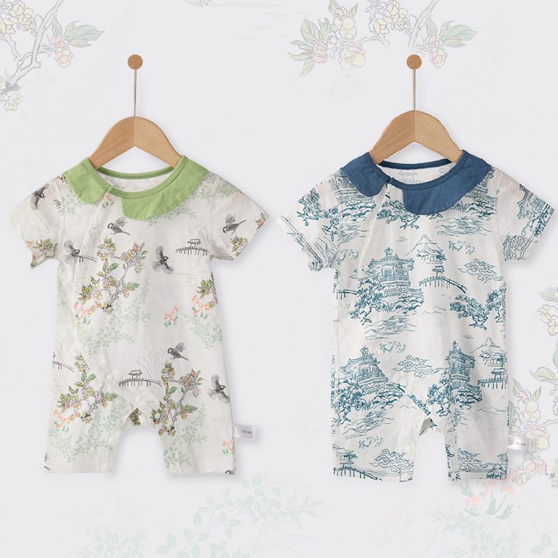 China estilo Han traje recién nacido bata de verano delgado conjunto de cuello de flor abierto de manga corta de algodón ropa de escalada