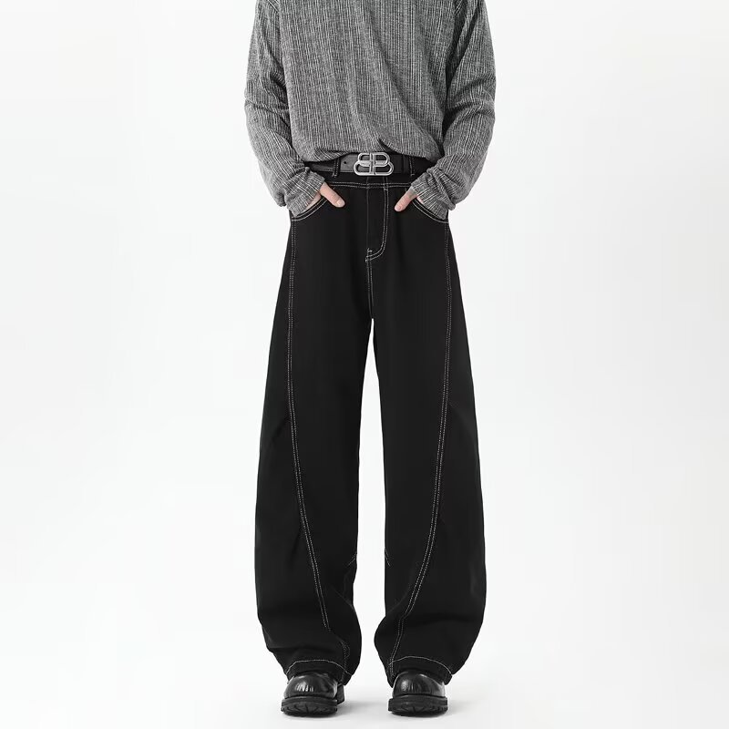 Texturas estadounidenses negras jeans de pierna ancha de edición estrecha para hombres 2025 principios de otoño delgado de diseño de cintura alta sensación de chandeliers rectos